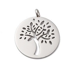Нержавеющая Сталь Цвет 304 подвески из нержавеющей стали, плоская круглая с подвеской дерево жизни, анти-тускнение, цвет нержавеющей стали, 29.5x25x1.5 мм, отверстие : 2.8 мм