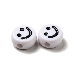 White Opaque Acrylic Beads, Flat Round with Smiling Face Pattern, White, 10x5mm, Hole: 2mm, about 1450pcs/500g