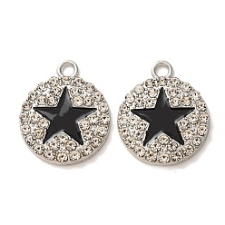 Platinum Alloy Rhinestone Pendants, Flat Round with Star Charms, with Enamel, Platinum, 21.5x18x2.5mm, Hole: 2mm