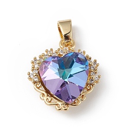 Средний Фиолетовый Настоящие позолоченные подвески из латуни с микропаве из прозрачного кубического циркония, со стеклом, долговечный, без кадмия и без свинца, шарма сердца, средне фиолетовый, 18 мм, отверстие : 20x17x8 мм