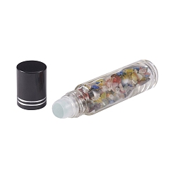 Mixed Stone Glass Roller Ball Bottles, Essential Oil Refillable Bottle, with Mixed Stone Chip Beads, for Personal Care, 85x20mm, Beads: 3x11~3x7mm, Capacity: 10ml