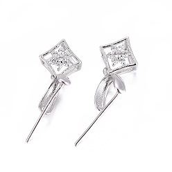 Platinum Anti-Tarnish Rhodium Plated 925 Sterling Silver Pendant Bails, with Cubic Zirconia, with 925 Stamp, Snowflake, Clear, Platinum, 14mm, Hole: 3.5x2.5mm, Pin: 0.7mm, Inseam Length: 4mm