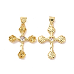 Прозрачный Крест с цветком, латунь, микропаве, кубический цирконий, подвески, без кадмия, без никеля и без свинца, реальный 18 k позолоченный, прозрачные, 25.5x18.5x3 мм, отверстие : 3.5x5 мм