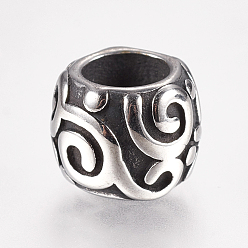 Античное Серебро 304 из нержавеющей стали европейские шарики, бусины с большим отверстием, баррель, античное серебро, 9.5x7.5 мм, отверстие : 5 мм