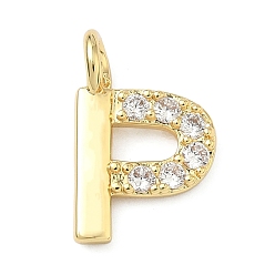 Letter P Латунные микропаве прозрачные подвески с фианитом, без кадмия и без свинца, долговечный, стойки покрытие, реальный 18 k позолоченный, Письмо P, 18.5x12x2.5 мм, отверстие : 2.5 мм
