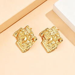 Golden Textured 304 Stainless Steel Stud Earrings for Women, Nuggets, Golden, 32x31mm