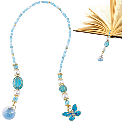 Blue Glass & ABS Plastic Imitation Pearl & Acrylic Bead Bookmark, with Alloy Pendants, Butterfly, Golden, Blue, 385mm