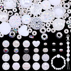 White DIY Beads Findings Kits, including Acrylic Beads, Resin Beads, Polymer Clay Rhinestone European Beads, Brass Beads, White, 8~20x8~20x3.5~20mm, Hole: 2~5mm, 138pcs