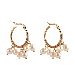Blanc Floral 304 boucles d'oreilles en acier inoxydable, avec des perles de culture d'eau douce naturelles, or, floral blanc, 41x25mm, pin: 1.3x0.7 mm