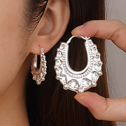 Silver Vintage Embossed Teardrop Brass Hoop Earrings, Silver, 41x50mm