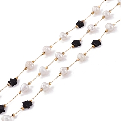 Black Agate Natural Black Agate Star and Pearl Beaded Chains, with Stainless Steel Findings, Long-Lasting Plated, Soldered, with Spool, Golden, Link: 2x0.5x0.1mm, Bead: 5.5~7x5.5~6mm, Star: 6x6~6.5x2.5~3mm