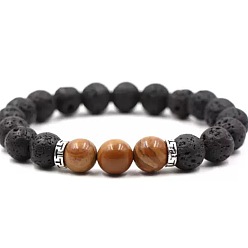 Wood Lace Stone 8MM Round Natural Wood Lace Stone and Natural Lava Rock Beaded Stretch Bracelets for Couples, 7.48 inch(19cm)