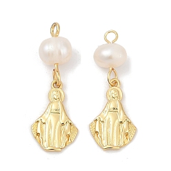Настоящее золото 18K Подвески из натурального пресноводного жемчуга и латуни, прелести девы марии, стойки покрытие, без кадмия и без свинца, долговечный, реальный 18 k позолоченный, 26.5x9.5x5.5 мм, отверстие : 1.8 мм