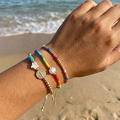 (52) Непрозрачная лаванда 3шт. 3 стили: регулируемые браслеты из натуральных бусин, стеклянного бисера, плетеных латунных бусин и эластичных браслетов из стеклянного бисера для женщин, Святой Бенедикт и начало и круг, с естественной оболочке, разноцветные, 6.50 дюйм (16.5 см) ~ 11.02 дюйм (28 см)