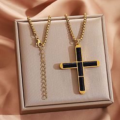 Другие Кварцы 304 Подвеска в виде религиозного креста из нержавеющей стали с окрашенным натуральным черным кварцем., золотые, 21.65 дюйм (55 см)