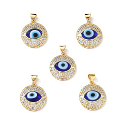 Blue Real 18K Gold Plated Brass Clear Cubic Zirconia Pendants, Flat Round with Lampwork Evil Eye Charms, Lead Free & Cadmium free, Blue, 19x16.5x5mm, Hole: 4mm