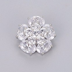 Прозрачный Латунные кнопки хвостовика, с кубического циркония, цветок, платина, прозрачные, 16.2x16.4x10 мм, отверстие : 1.6 мм