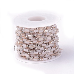 Античный Белый Ручной цепи стекло бисером, пайки, с латунной фурнитурой , с катушкой, долговечный, Реальная платина, кубоид, старинный белый, 4.5x2.5~3x2.5~3 мм, 2 мм, около 32.8 футов (10 м) / рулон