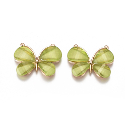 Yellow Green Alloy Pendants, with Resin, Faceted, Butterfly, Light Gold, Yellow Green, 21~22x28~29x4.5mm, Hole: 2.5mm.