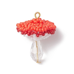 Красный Подвески-грибы из стеклянных бусинок, со стеклом и золотой железной петлей, граненые, красные, 29.5x22 мм, отверстие : 1.8 мм