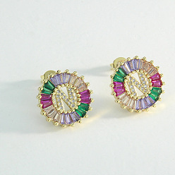 Letter N Серьги-гвоздики из латуни с разноцветными кубическими цирконами, плоско-круглые, золотые, Письмо N, 16x16 мм