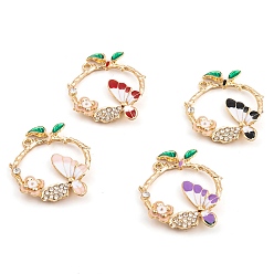 Mixed Color Rack Plating Alloy Enamel Pendants, with Rhinestone, Light Gold, Ring with Butterfly Charm, Mixed Color, 31x26x3.5mm, Hole: 1.4mm