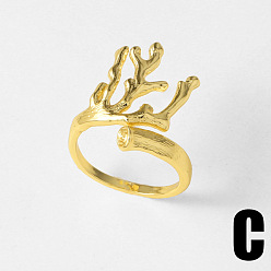 Deer Ocean Brass Cuff Open Rings, Golden, Deer, 17mm