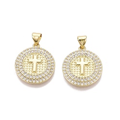 Настоящее золото 18K Религиозные латунные подвески с микропаве из прозрачного кубического циркония, плоские круглые с поперечными прелести, реальный 18 k позолоченный, 20x18x3 мм, отверстие : 5x3 мм