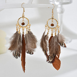 Верблюжий Серьги-люстры из перьев из сплава, со стеклянными бисеринами, золотые, верблюжие, 80 мм