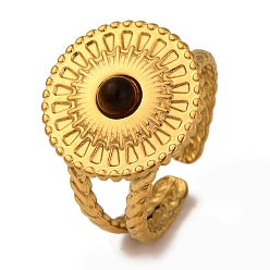 Тигровый глаз Натуральный тигровый глаз кольца палец, плоские круглые золотистые тона 304 манжеты из нержавеющей стали для женщин, 16.5 мм, внутренний диаметр: регулируемый