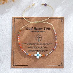 Cross Богемный регулируемый браслет из разноцветных натуральных ракушек и смешанных камней с круглыми гранеными бусинами от сглаза для женщин, крестик, 11 дюйм (28 см)