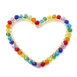 Настоящее золото 18K Латунные соединительные колечки, с прозрачными гальваническими стеклянными бусинами и медной проволокой, разъем сердца, реальный 18 k позолоченный, 49.5x57.5x4 мм, внутренний диаметр: 32.5x47.5 мм