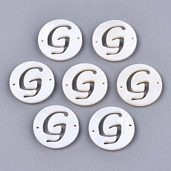 Letter G Natural Freshwater Shell Links Connectors, Flat Round with Letter, Letter.G, 14.5x1.5mm, Hole: 0.9mm