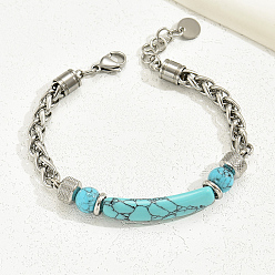 Нержавеющая Сталь Цвет Элегантные браслеты из нержавеющей стали с пшеничной цепочкой, синтетические бирюзовые браслеты из бисера для женщин, цвет нержавеющей стали, внутренний диаметр: 7-1/8 дюйм (18 см)