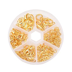 Golden Alloy Lobster Claw Clasps and Jump Rings Set, Golden, Clasps: 10~20.5x6~13x3.5~5.5mm, Hole: 1~2mm, about 70pcs/box, Jump Rings: 6x1mm, about 40~50pcs/box