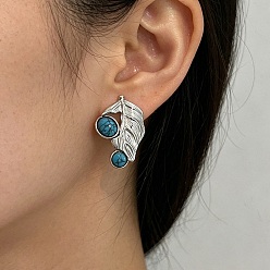 Stainless Steel Color 304 Stainless Steel Stud Earrings for Women, with Turquoise, Leaf, Stainless Steel Color, 33x21.5mm