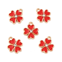 Rot Emaille Anhänger Legierung, mit Strass, Licht Gold, Klee, rot, 15.5x13x2.5 mm, Bohrung: 1.8 mm