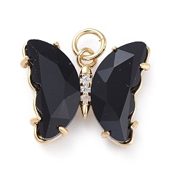 Черный Кулон из латуни с прозрачным кубическим цирконием, со стеклом, бабочка, золотые, чёрные, 15x19x4.5 мм, отверстие : 3.5 мм
