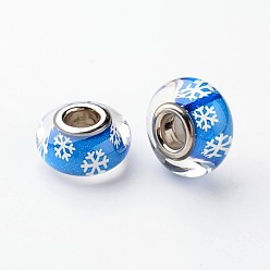 Deep Sky Blue Resin European Beads, Christmas Theme, Large Hole Rondelle Beads, with Snowflake Pattern and Brass Double Cores, Platinum, Deep Sky Blue, 14x8mm, Hole: 5mm