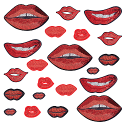 Rot 21 Stück 7 Stile computergesteuerte Stickerei Polyester Aufnäher, Paillettenapplikationen, Kostüm-Zubehör, Lippe, rot, 26~110x45~166x1.5 mm, 3 Stück / Stil