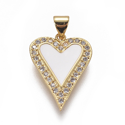 Белый Латунные микро проложить кубического циркония подвески, с эмалью, сердце, золотые, белые, 22x16x2 мм, отверстие : 5x3.5 мм