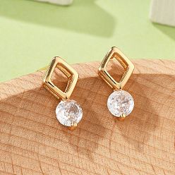 Прозрачный Серьги-гвоздики в форме ромба и плоского круглого кубического циркония из латуни с микропаве для женщин, без кадмия и без свинца, долговечный, стойки покрытие, золотые, прозрачные, 13.5x7 мм