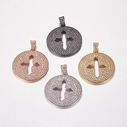 Mixed Color Long-Lasting Plated Brass Micro Pave Cubic Zirconia Pendants, Flat Round with Cross, Mixed Color, 29x26x2mm, Hole: 3x4mm