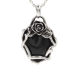 Обсидиан Подвески из натурального обсидиана в стиле ретро, с латунной фурнитурой античного бронзового тона, овальные с цветком, 40x30x10 мм