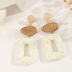 Белый Серьги-гвоздики из сплава рафии в богемном стиле, трапециевидные, золотой свет, белые, 95x34 мм