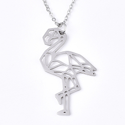 Stainless Steel Color Non-Tarnish 201 Stainless Steel Pendant Necklaces, with Cable Chains, Flamingo Shape, Stainless Steel Color, 17.5 inch~17.9 inch(44.5~45.5cm), 1.5mm, Flamingo: 32x22x1mm