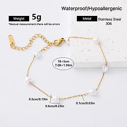 Heart 304 Stainless Steel Imitation Pearl Beaded Chain Bracelets for Women, Golden, White, Heart, 7.09 inch(18cm)