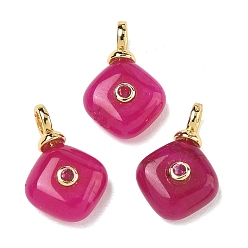 White Jade Dyed Natural White Jade Pendants, Rhombus Charms with Brass Micro Pave Cubic Zirconia Findings, Golden, Cadmium Free & Lead Free, Rack Plating, Long-Lasting Plated, Deep Pink, 16~17x11x6mm, Hole: 2.5mm