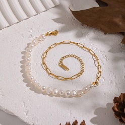White French Vintage Natuarl Pearl Potato Beaded Necklaces with 304 Stainless Steel Paperclip Chains for Women, Golden, White, 13.39 inch(34cm)