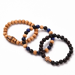 Lapis Lazuli Stretch Bracelets Sets, with Natural Bodhi Beads, Natural Wooden Beads & Lapis Lazuli Beads, Inner Diameter: 2-1/4 inch(5.7cm), 3pcs/set
